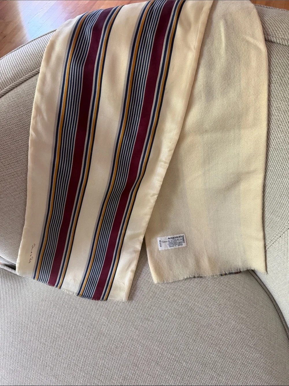 VTG Silk w/Wool lining Striped Opera Double-face Scarf Cream & Burgundy 1970s